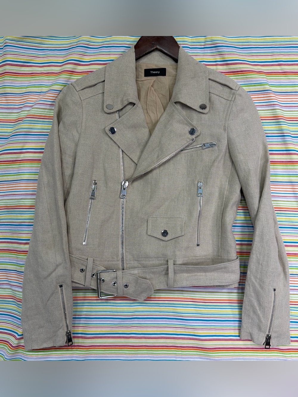 Theory Womens S Shrunken 100 Linen Motorcycle Jacket Small Beige Retro Classic
